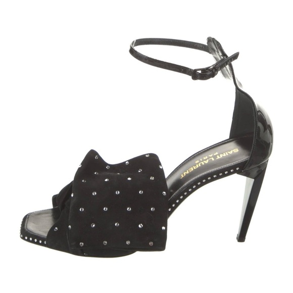 NWT Saint Laurent Freja suede bow crystal open toe heels black 9.5 EUR 39.5 - Picture 2 of 13